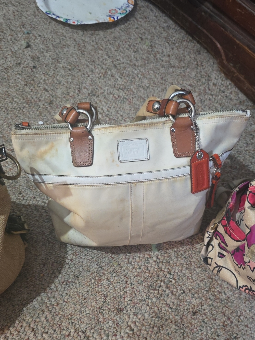Coach  White  and Tan Logo Canvas Tote with Black Trim ( These Needs Repairs) - Picture 3 of 10